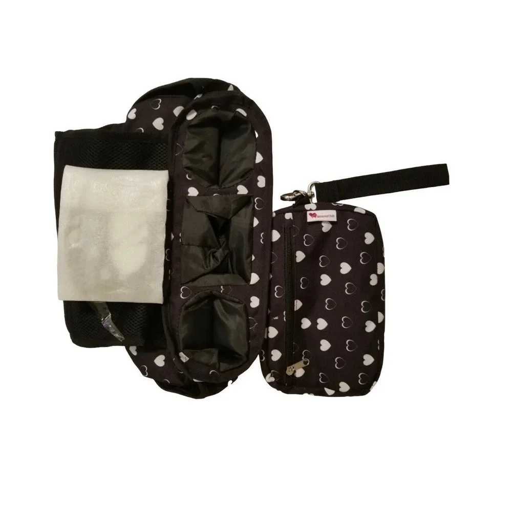 Universal Baby Stroller Organizer Black Background White Hearts Zips NIP